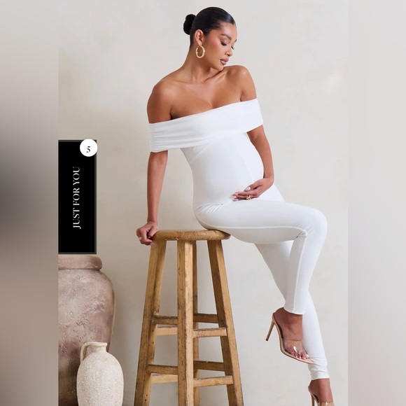 Club L London white off the shoulder maternity jumpsuit - Picture 2 of 4